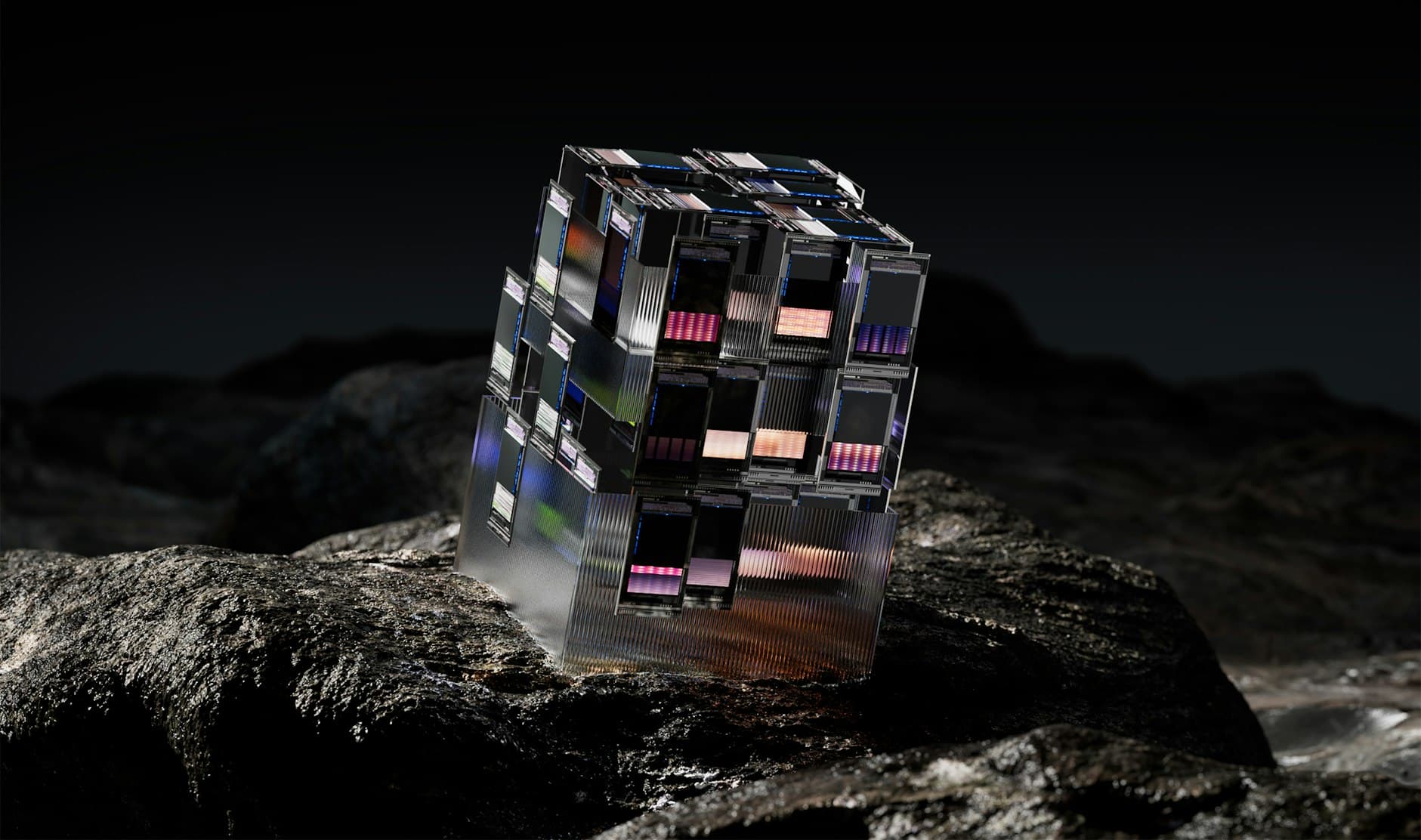 a futuristic, cube-like structure composed of multiple smaller rectangular module. Used to visualize complexity of quantum computing
